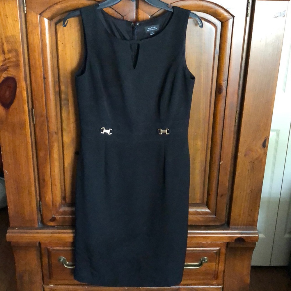 Tahari Black Buckle Detail Sleeveless Sheath Dress